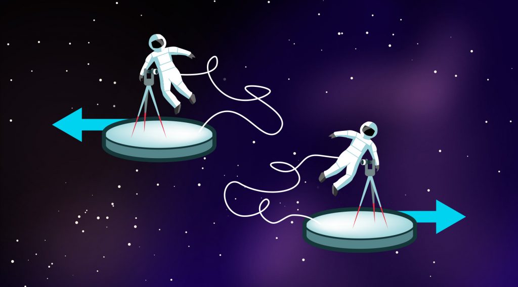 Two inertial observers move relative to each other / © Daniela Leitner, Markus Pössel – Einstein Online Two inertial observers move relative to each other