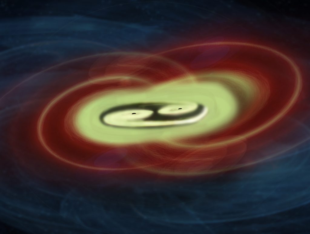 Two black holes in the center of the image shortly before merging.