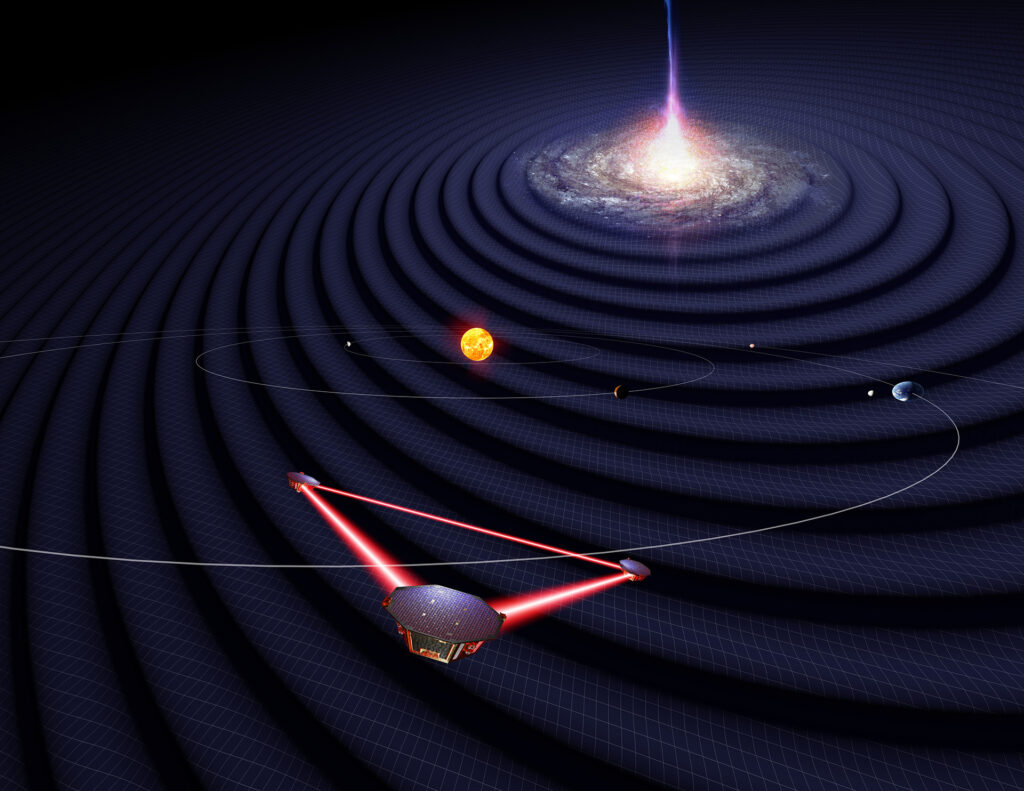 Three satellites in triangular formation in front of a galaxy emitting gravitational waves.