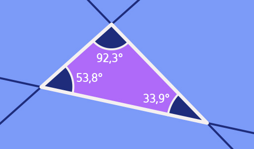 Dreieck in einer Ebene; die Winkel sind jeweils angegeben und ihre Summe betraegt 180 Grad.