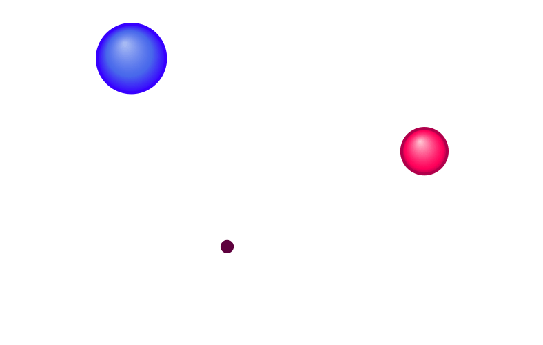 Two spheres (top) and test particle (bottom); total force and forces from each sphere (these forces do not point in the same direction in this example!) are shown as arrows