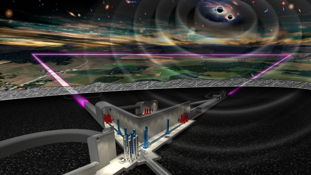 Künstlerische Darstellung des Einstein-Teleskops. Gezeigt ist die Dreiecksform, im Hintergrund sind Himmelsobjekte angedeutet.