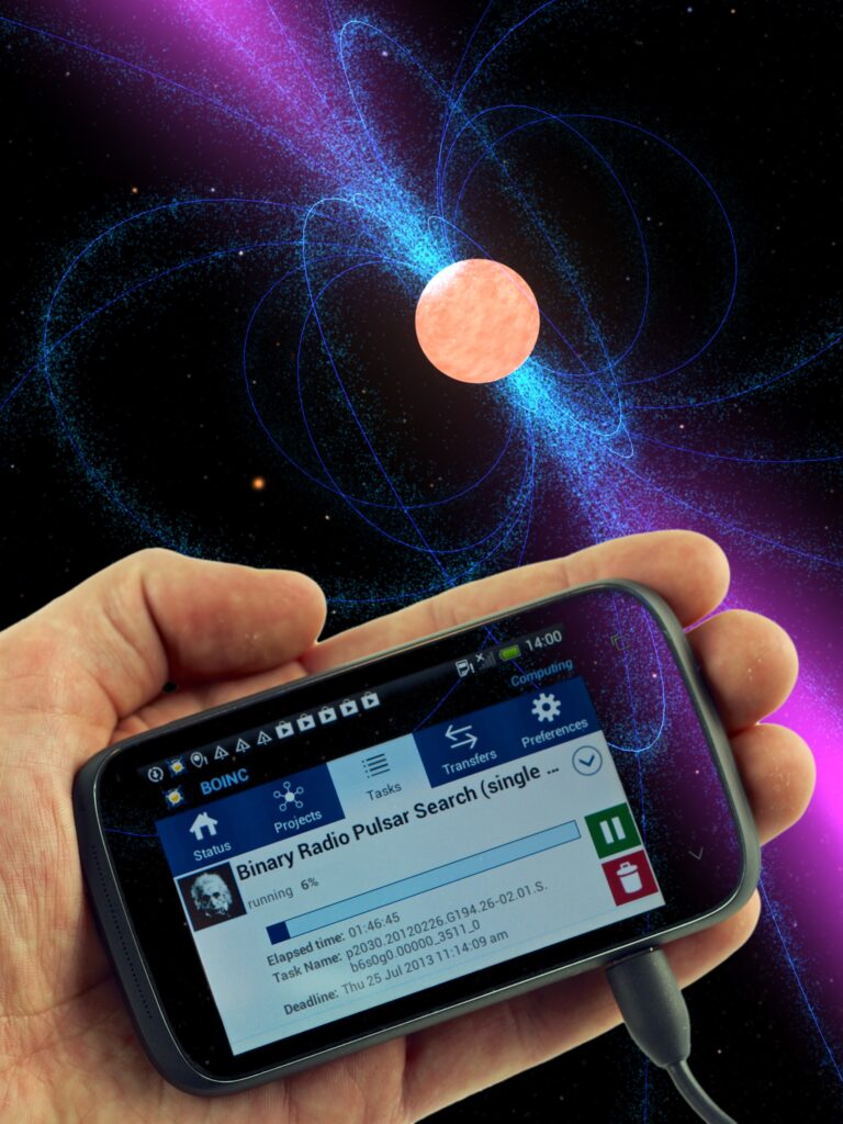 Before a background of an emitting compact object, a user holds a smart phone with Einstein@home software active. The display shows the interface and says "Binary Radio Pulsar Search".