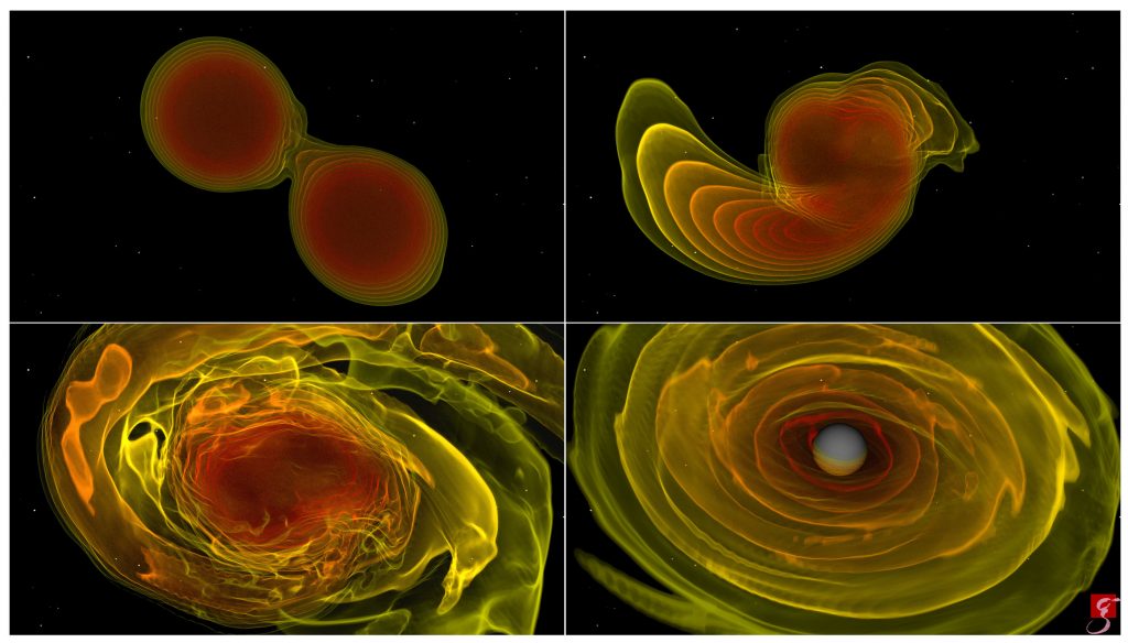 Diese Einzelbilder aus der numerisch-relativistischen Simulation zweier einander umkreisender und verschmelzender Neutronensterne (GW170817) zeigen die Dichteverteilung während des Verschmelzungsprozesses. Höhere Dichten sind rot dargestellt, geringere Dichten sind gelb dargestellt. Das Resultat der Kollision ist ein schwarzes Loch. <br >© T. Dietrich, S. Ossokine, H. Pfeiffer, A. Buonanno (Max-Planck-Institut für Gravitationsphysik), BAM-Kollaboration