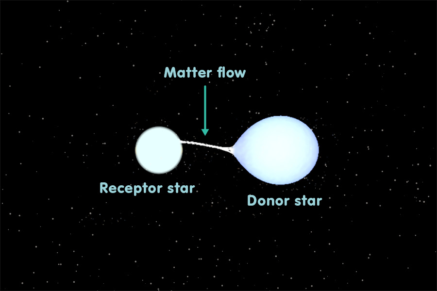 Image of a detached binary: Donor star (right) linked to receptor star (left) with a thin white band denoting the matter flow.