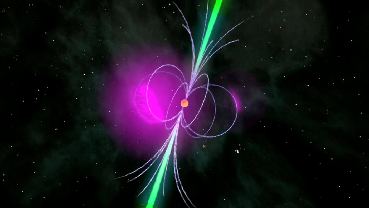 A compact object is surrounded by curved lines indicating its magnetic field, green lights above the poles and purple light above the surface indicate emitted radiation.