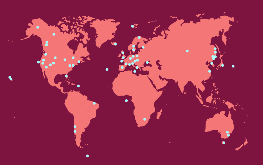 World map showing the location of radio telescopes