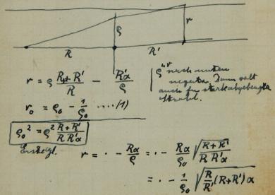 Extract from Einstein's notebook showing a rough sketch of a lens system and a few formulae