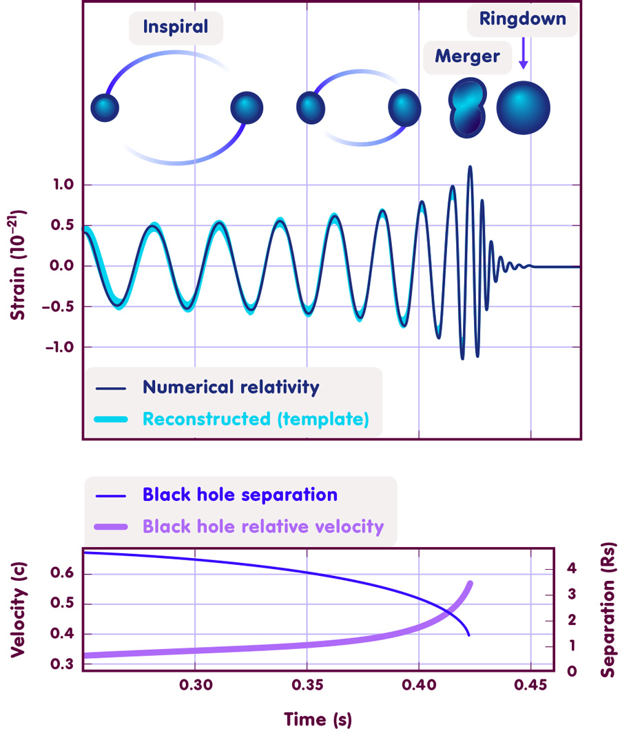 Visualization of the merging black holes, their distance and velocity and the wave form from numerical solutions of the theory of relativity.